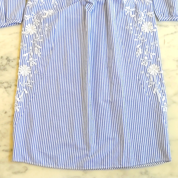 NWOT. Zara Long Sleeve V-Neck Midi Dress with Stripes and Floral Embroidery. - Picture 5 of 7